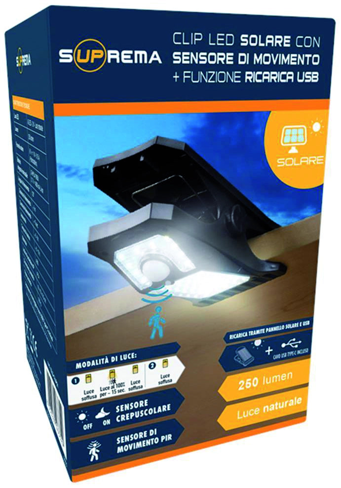 Suprema PROIETTORE SOLARE CON CLIP, 45 led, 2 watt, 250 lumen, luce naturale