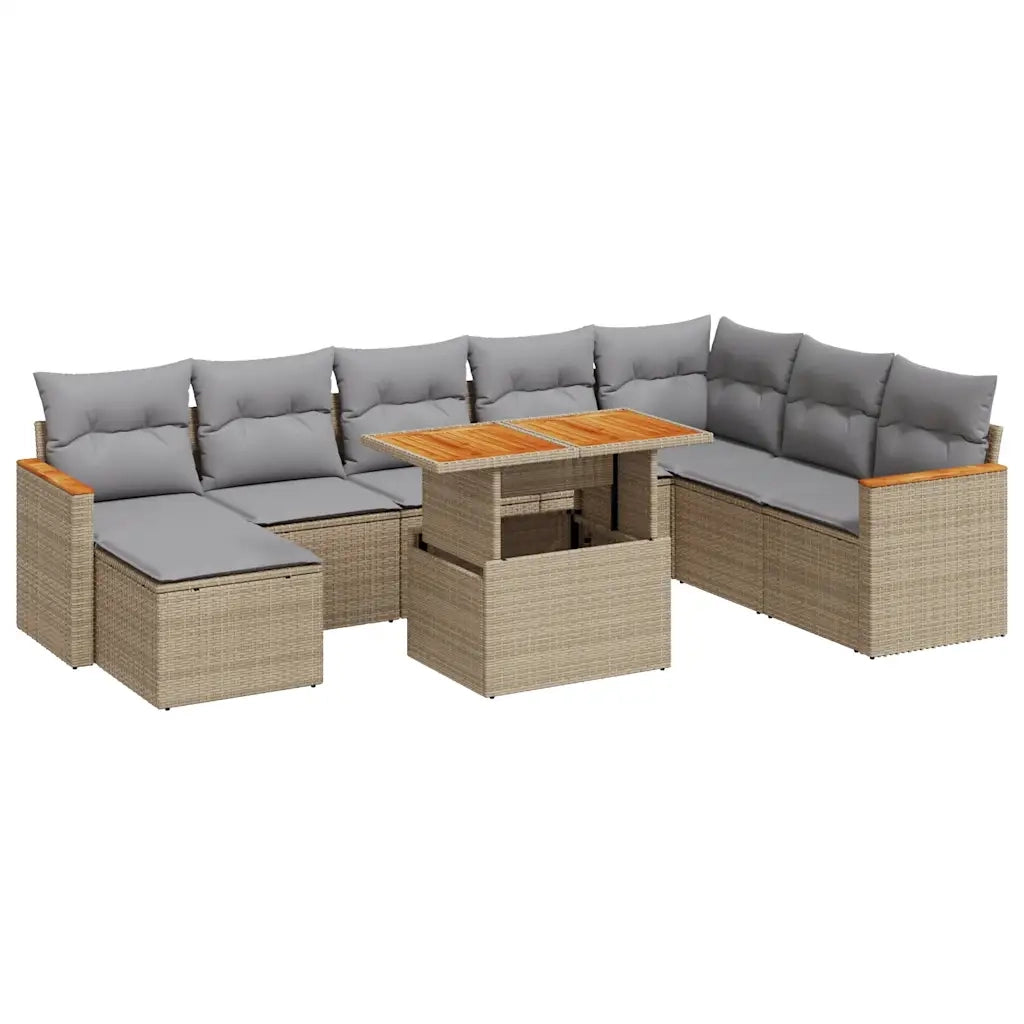 Set Divano da Giardino 9 pz con Cuscini Beige Polyrattan Acacia 3327524