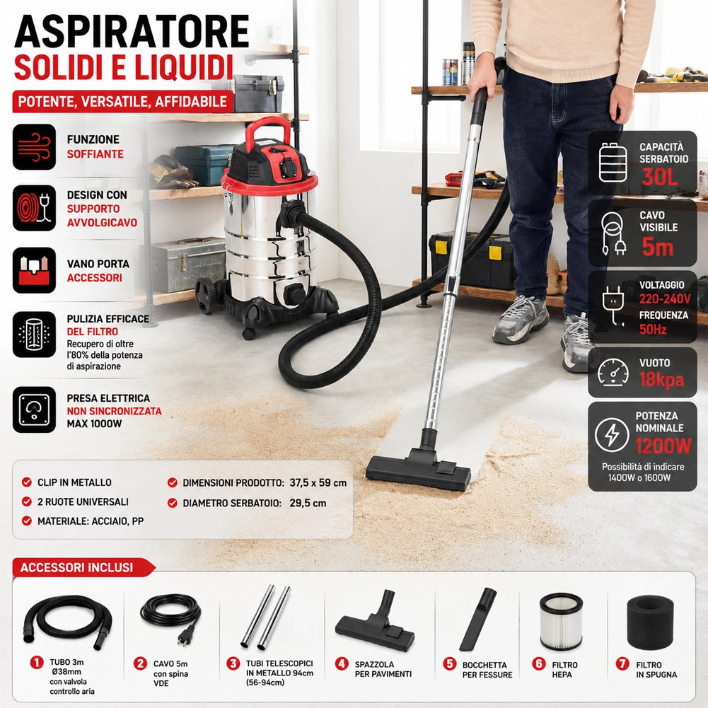 Aspiratore Solidi e Liquidi da 30 L 1200 W Acciaio con Filtro HEPA e Soffiante