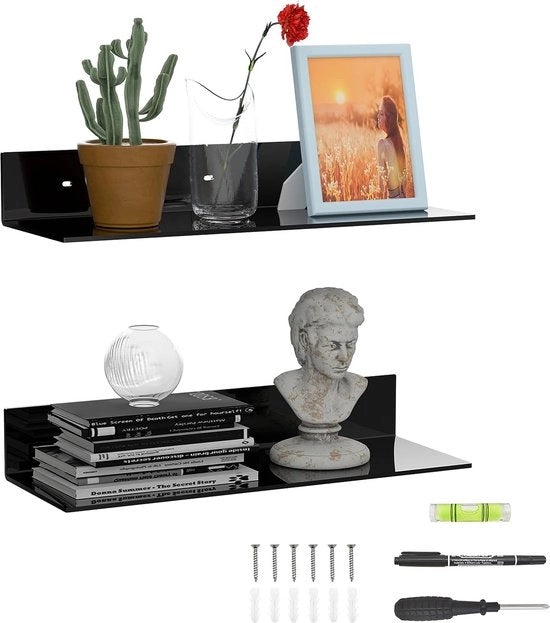 Set di 2 pannelli di spessore acrilico - Reticolo multifunzionale galleggiante per decorazione di parete - Nero disegno a L - Ideale per piante, libri, cosmetici e altro
