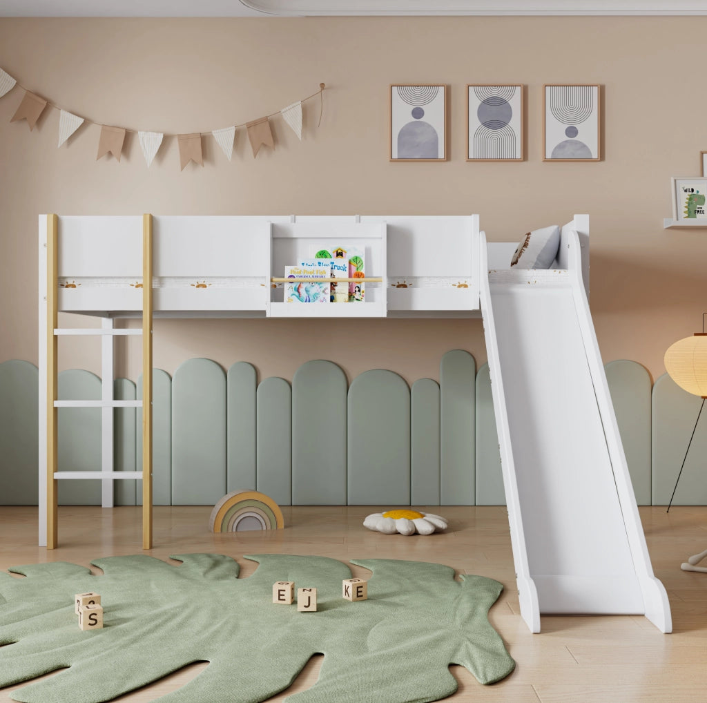 Letto a soppalco per bambini 90x200 cm con scala a 3 gradini; scivolo e mensola removibile; bianco
