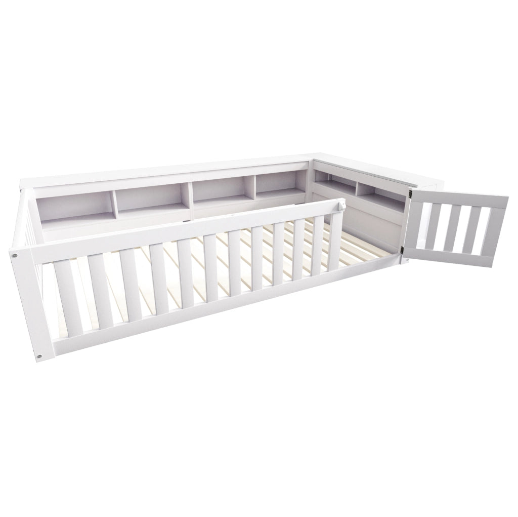 Letto per bambini 90x200 cm con contenitori e sponde di sicurezza; bianco