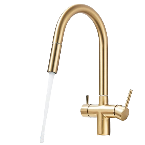 Jana | Rubinetto estensibile a 3 vie premium oro opaco | Rubinetto osmosi da cucina in acciaio inox |. Filtro 3 connessioni ad arco alto