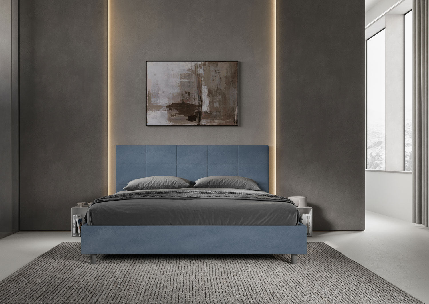 Letto Matrimoniale King Size 180x200 cm con Rete e Contenitore Imbottito in Microfibra Mika Blu