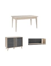 Sala da pranzo completa MALMO con tavolo allungabile, buffet alto e scaffale a muro - Rovere chiaro e grigio