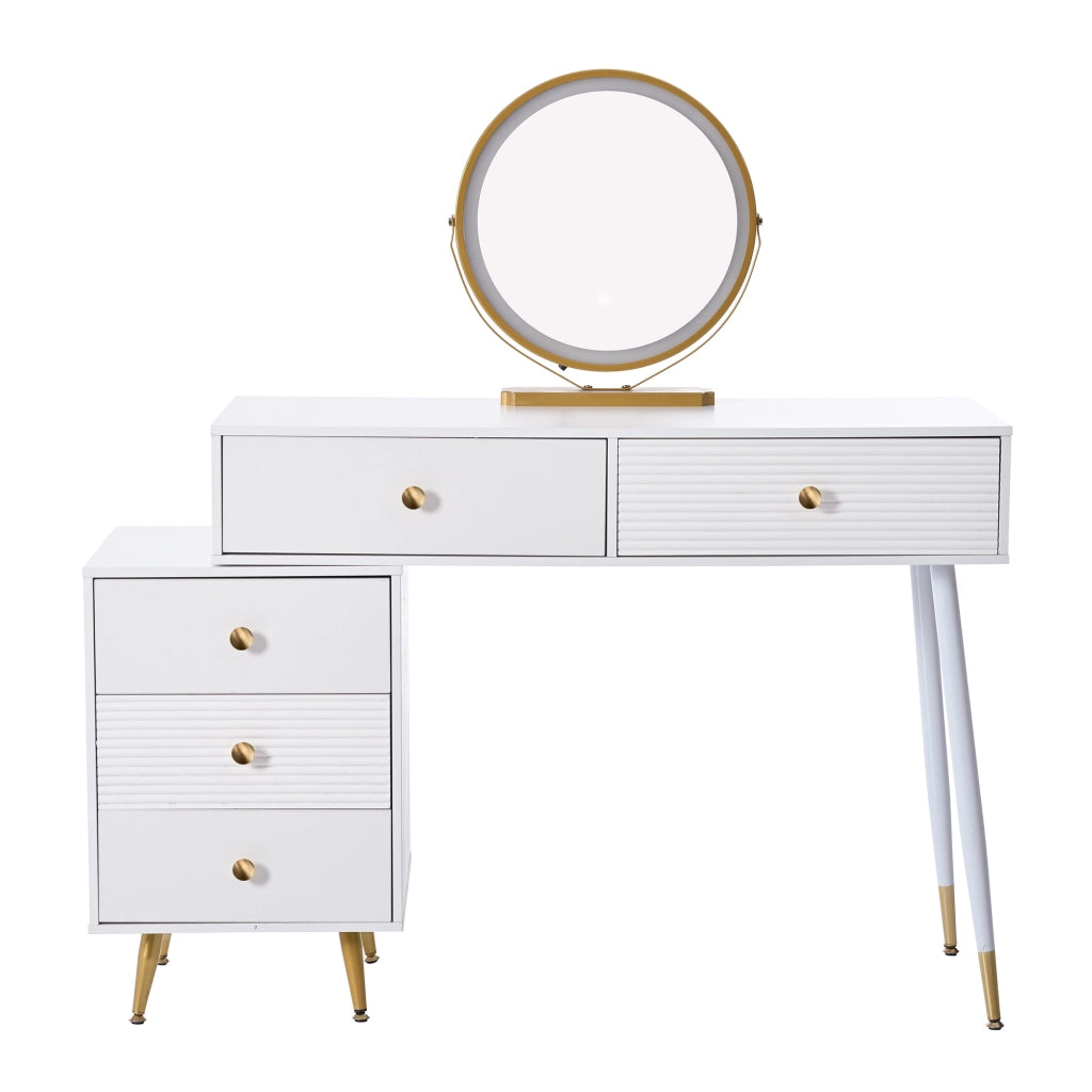Tavolo da trucco con specchio LED, mobile laterale regolabile e cassetti, bianco, 100x78x40 cm