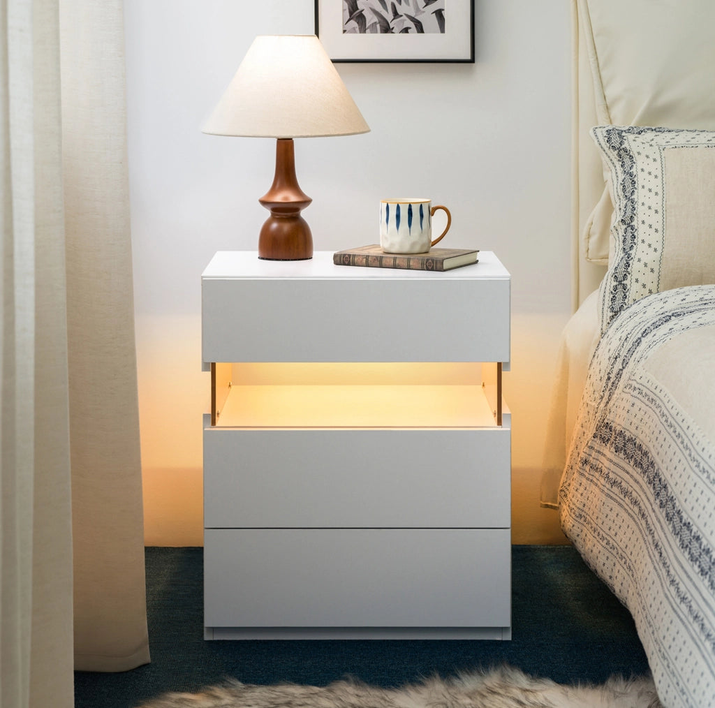 Comodino LED bianco con 3 cassetti e pannello acrilico