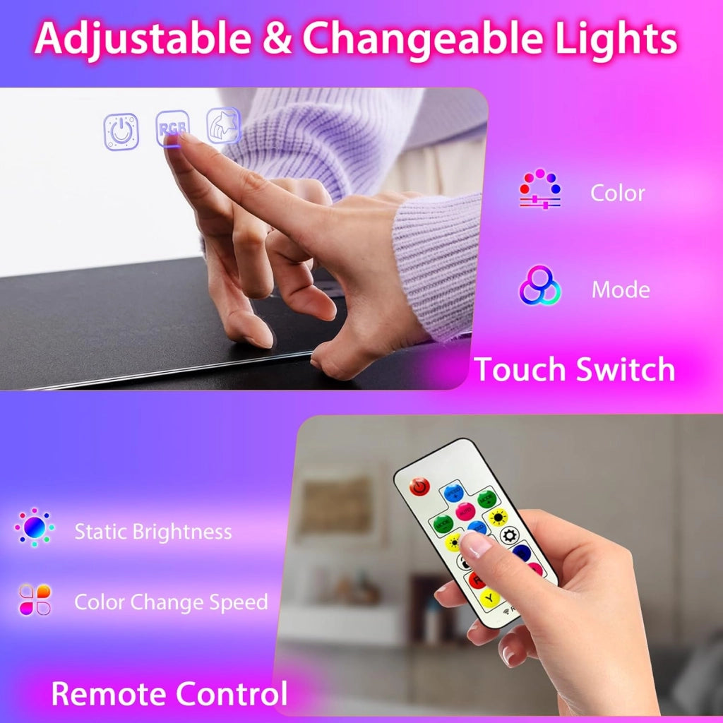 Tavolo da toeletta con sgabello, tavolo cosmetico con specchio, striscia LED RGB, bordo specchio diamantato, 7 modalità LED statiche e 7 dinamiche, tavolo da toeletta con stazione di ricarica