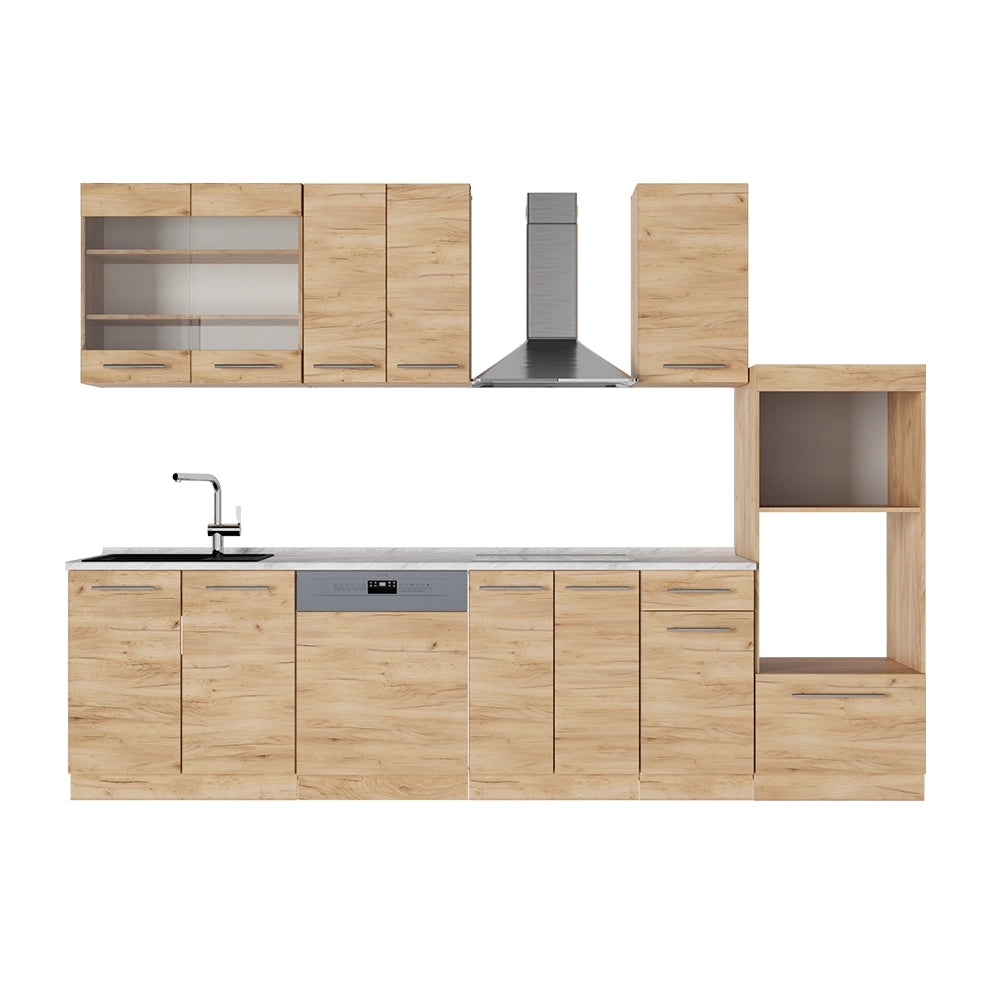 Cucina componibile Fame-Line Rovere dorato/Rovere dorato 300 cm con armadio alto, PL Marmo Vicco