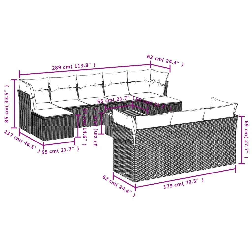 Set Divani da Giardino 11 pz con Cuscini Beige in Polyrattan