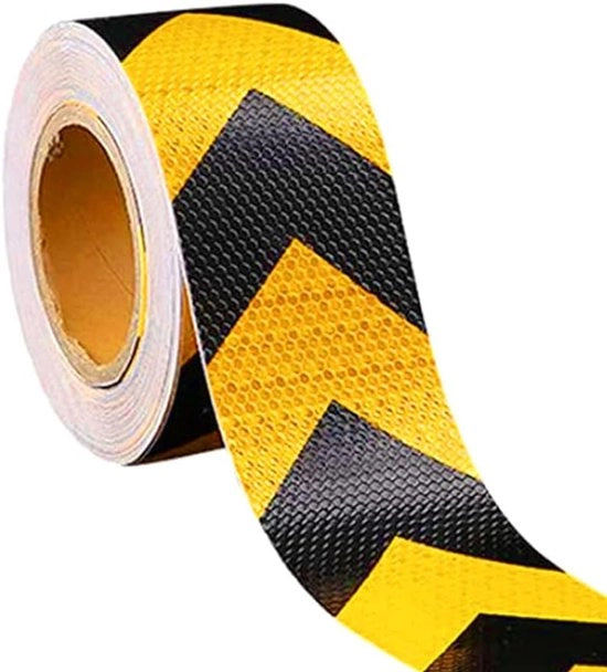 Tape di avviso riflettente giallo nero con freccia e strisce - nastro di sicurezza stradale con riflessione autoadesiva