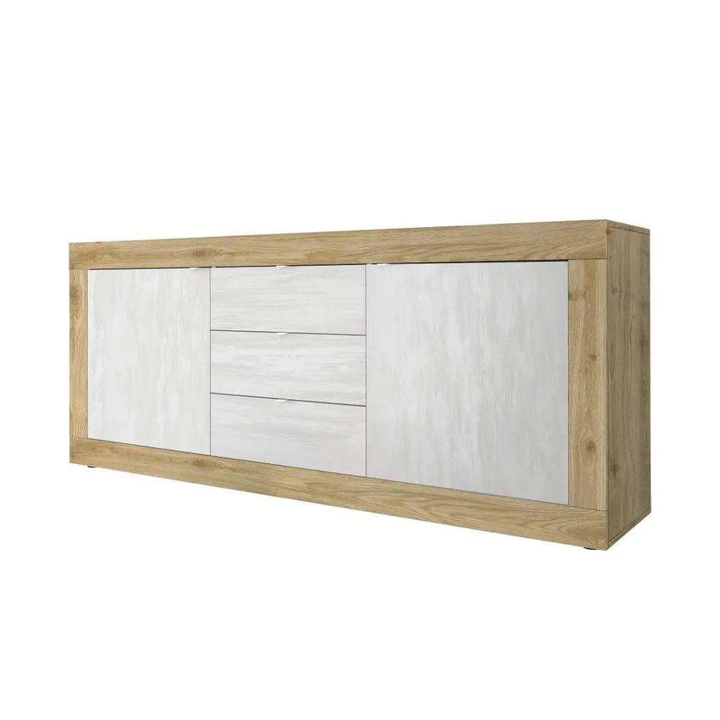 Credenza a 2 porte e 3 cassetti collezione ACCESS. Colori bianco e rovere chiaro.
