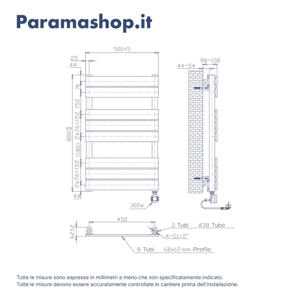 Termoarredo elettrico 800x500 bianco opaco interasse 450 | Andromeda