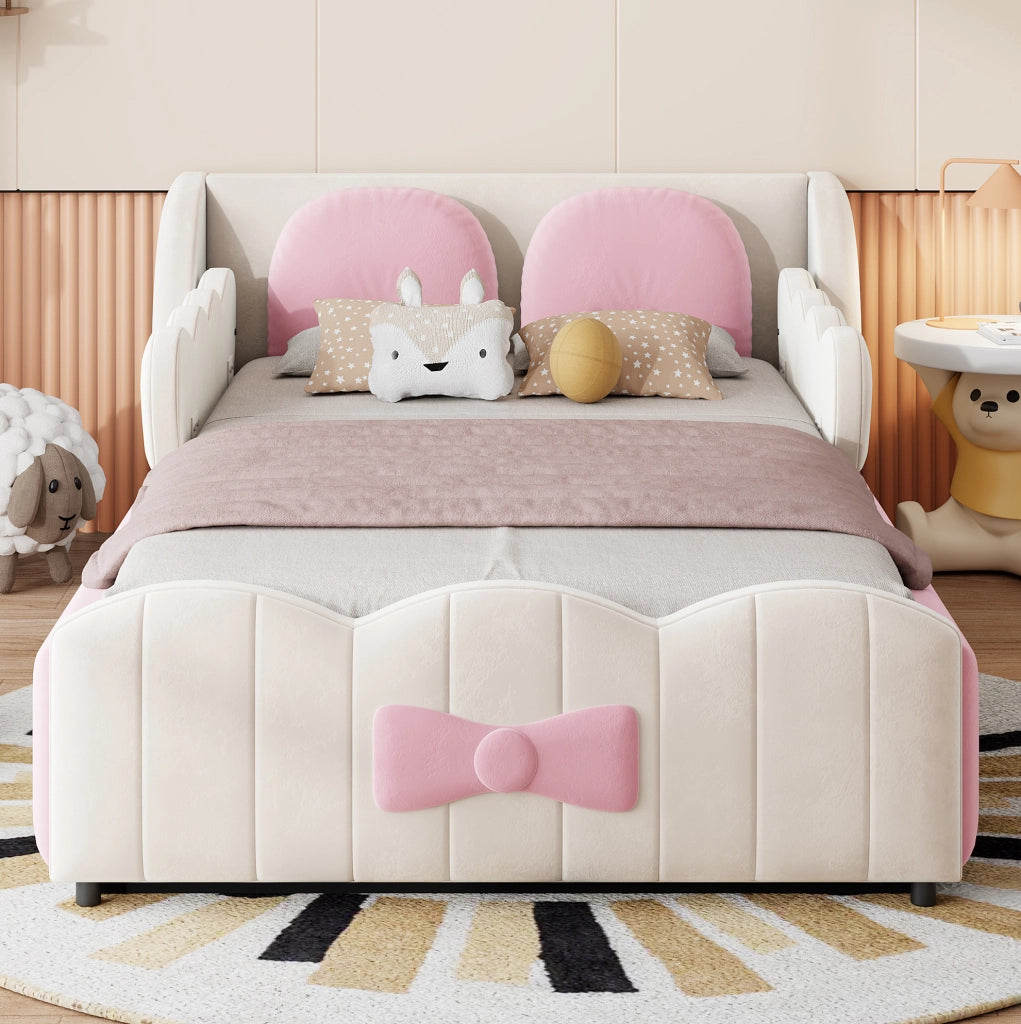 Letto per bambini imbottito 90x200 cm in velluto beige con contenitore idraulico e cuscini