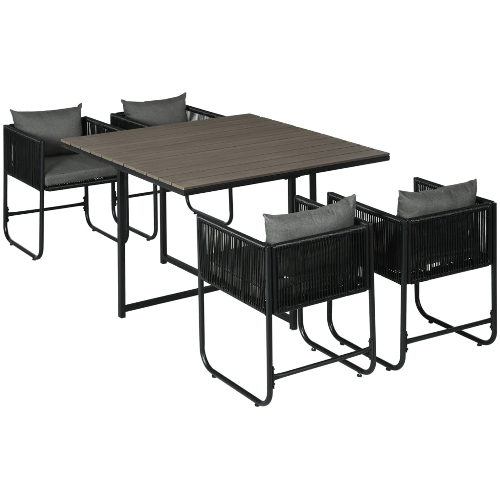 Set da pranzo da giardino 5 pezzi in rattan grigio; tavolo 110x110 cm e 4 sedie