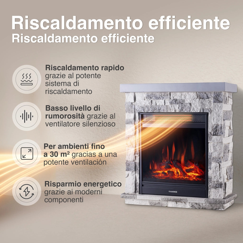 KAMINIO Camino elettrico JUAN - Camino elettrico da appoggio effetto pietra con riscaldamento, effetto fiamma 3D, telecomando - Grigio