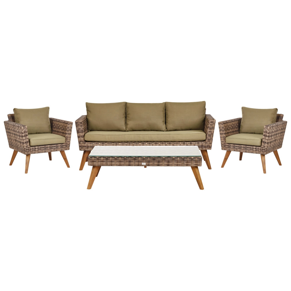 Set giardino in rattan verde oliva composto da divano 3 posti 2 poltrone tavolino esterno elegante