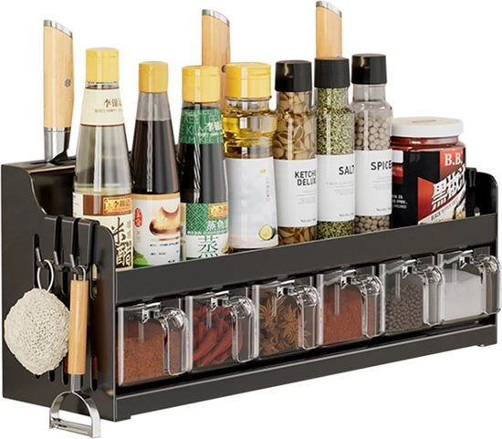 Kruidenrek per parete per lavori di cucina, tavoli, ordine e conservazione, set di contenitori per zucchero e sale, senza perforazione e installazione semplice (nero, 6 contenitori)