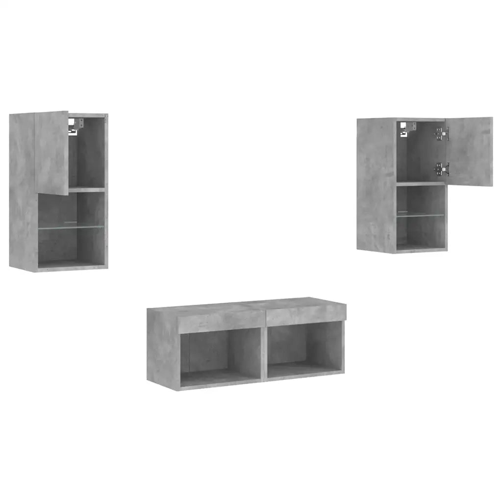 Mobili TV a Muro 4pz con Luci LED Grigio Cemento