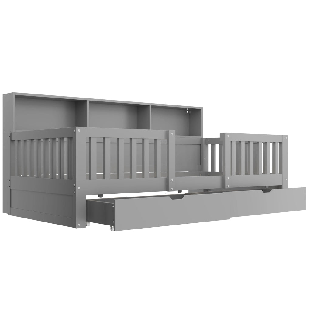 Letto per bambini 90x200 cm con sponda di sicurezza; 2 cassetti; mensole e LED; grigio