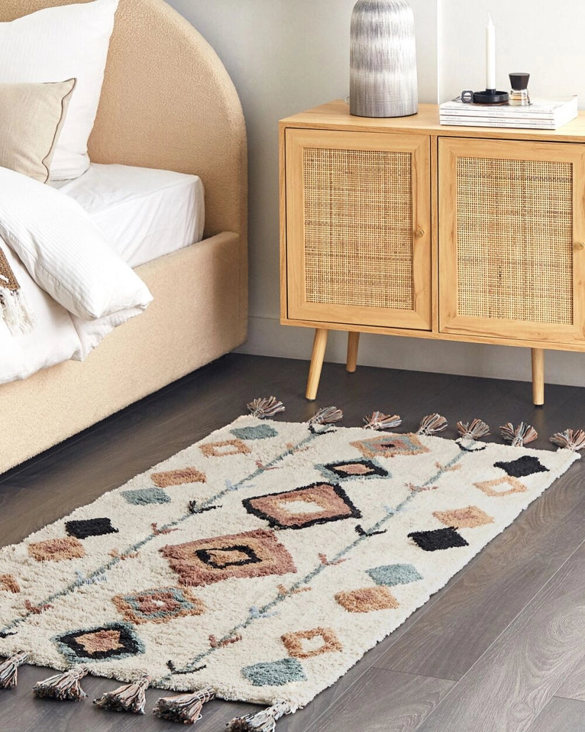 Tappeto rettangolare in cotone con nappe e motivo a diamante multicolore 80 x 150 cm soggiorno camera da letto