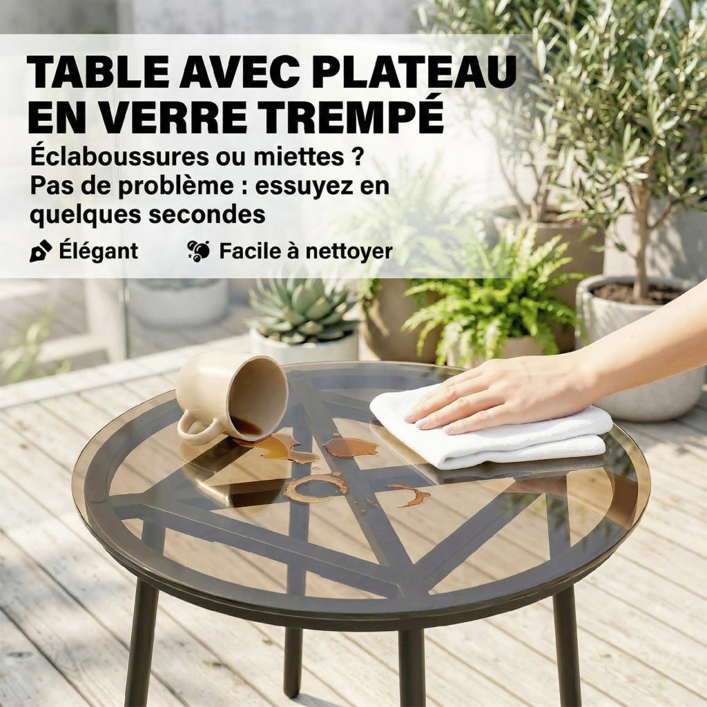 Set da giardino 3 pezzi in rattan ¨C zephmum ¨C verde kaki, tavolo in vetro temperato, cuscini, 62x73x79cm