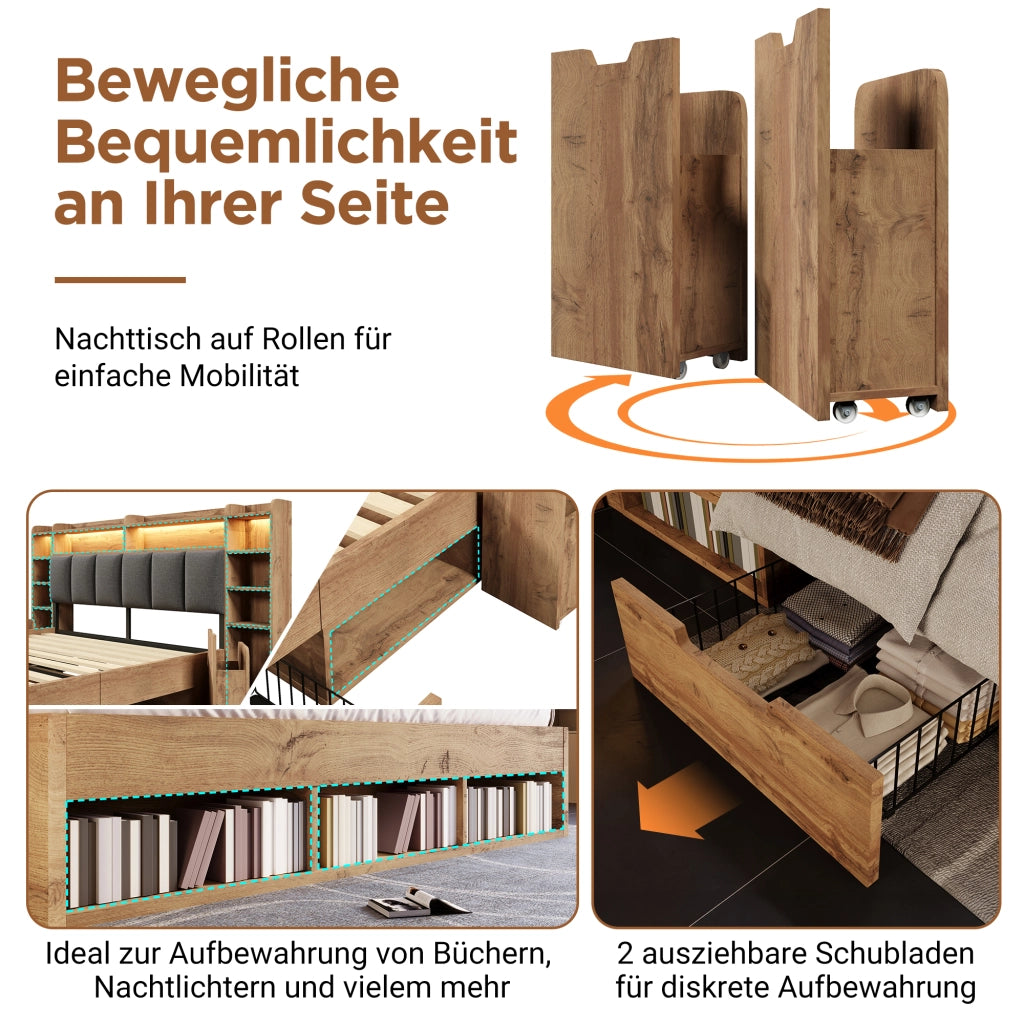 Letto contenitore matrimoniale 160 × 200 cm con LED, USB e Type-C, cassetti, senza materasso, rovere