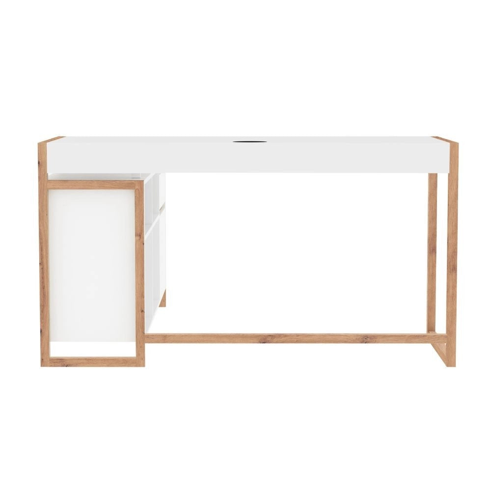 Scrivania angolare New Denver37A reversibile con 1 cassetto 1 anta e 4 ripiani in bianco e rovere