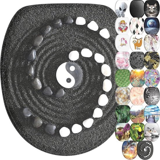 Bracciale per WC con meccanismo di chiusura morbida - Sedia WC in legno di alta qualità - Coperchio WC in diversi motivi (Yin Yang)