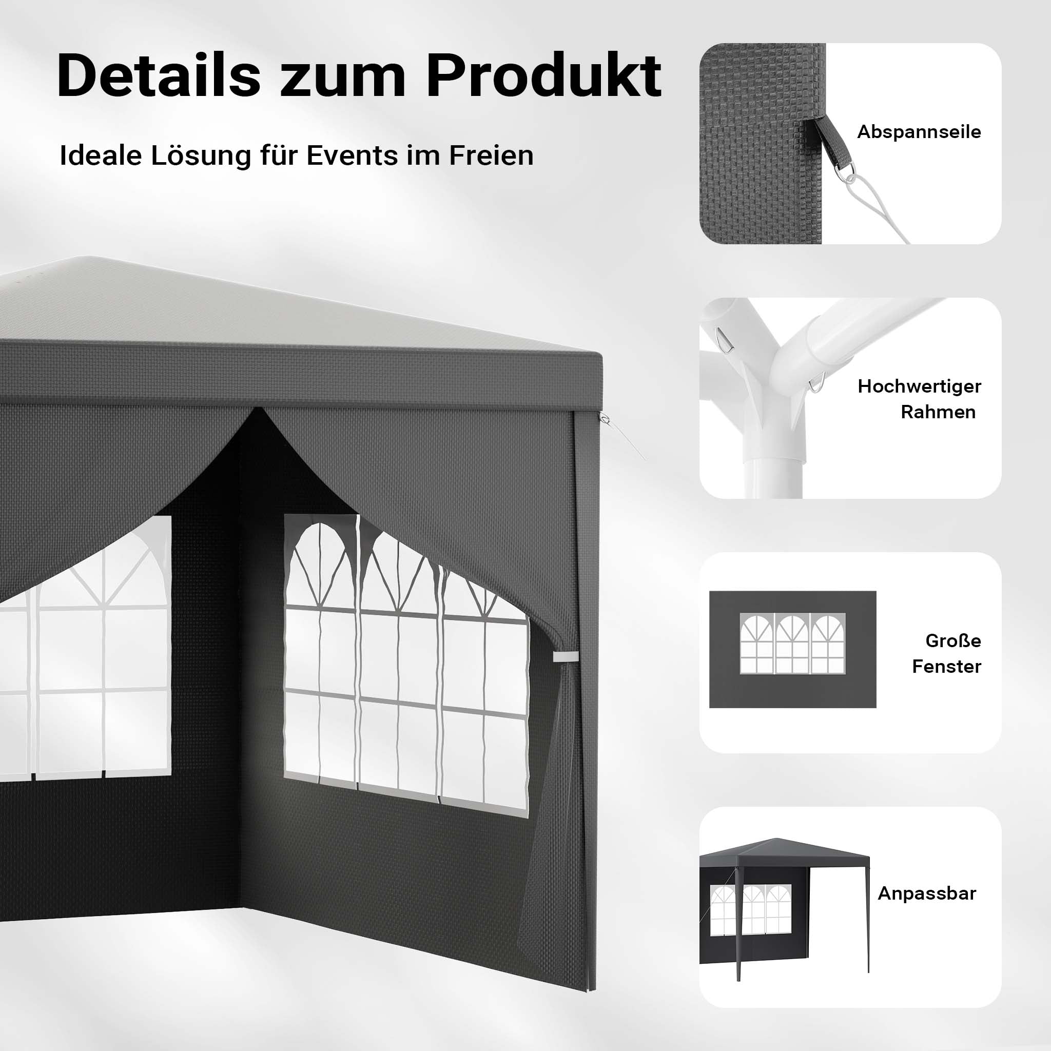 Toboli Gazebo 3 x 3 m in grigio con protezione UV 50+, tendone da giardino con lati rimovibili, tenda da festa con finestre, ad esempio per terrazze e festival