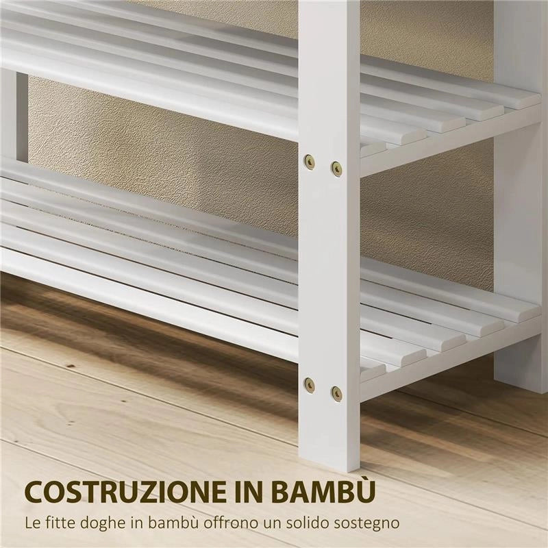 PANCA SCARPIERA BASSA IN BAMBÙ CON 2 RIPIANI A DOGHE E SEDUTA, 70X28X45 CM, BIANCO