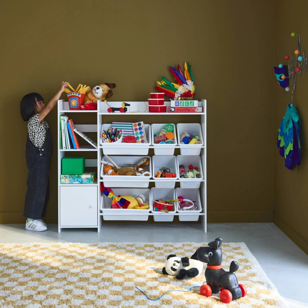 Contenitore per bambini con 9 contenitori, 4 ripiani, 1 anta, bianco