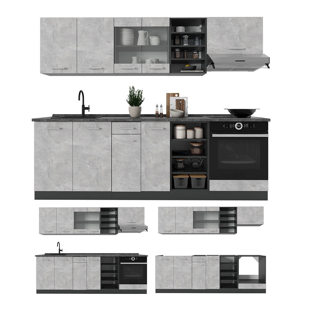 Cucina componibile R-Line Calcestruzzo/Antracite 240 cm senza piano di lavoro Vicco