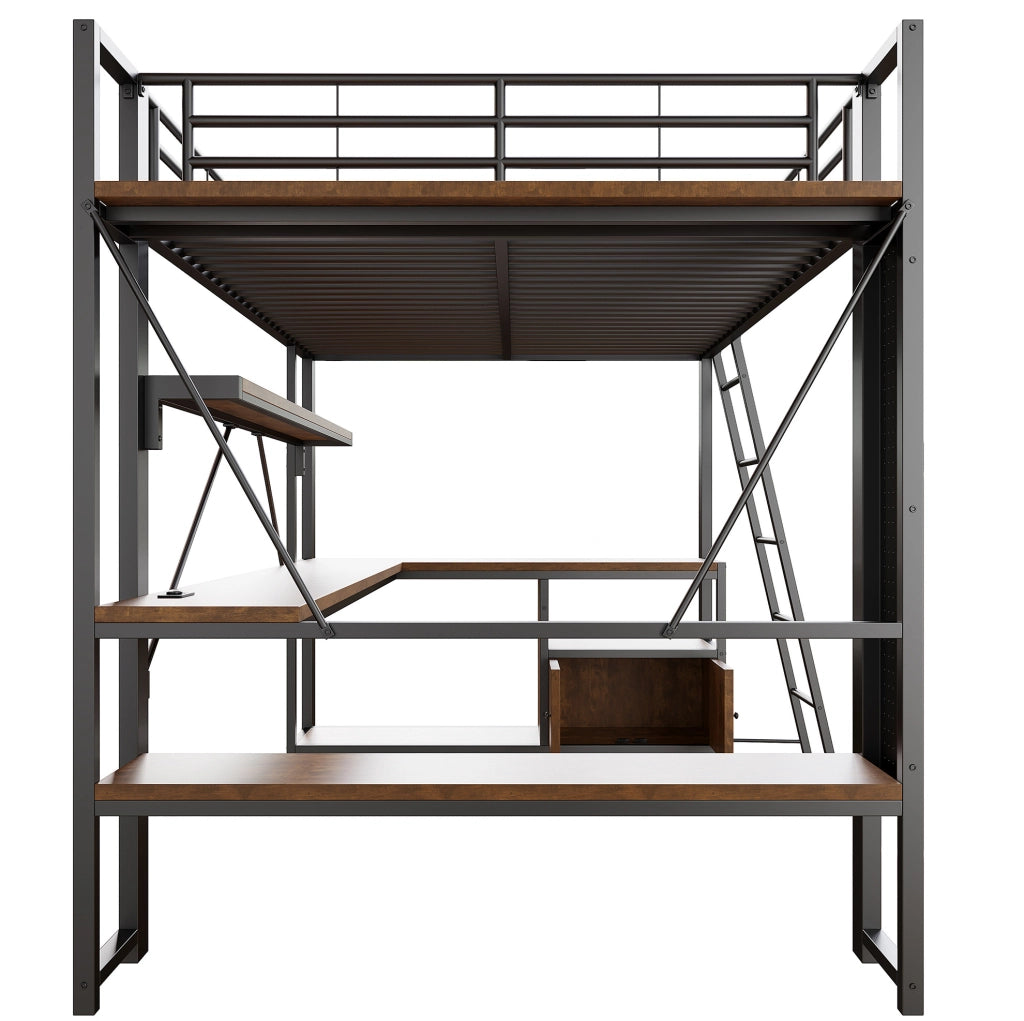 Letto a soppalco 140x200 cm con scrivania, LED e ripiani nero HAVRYA
