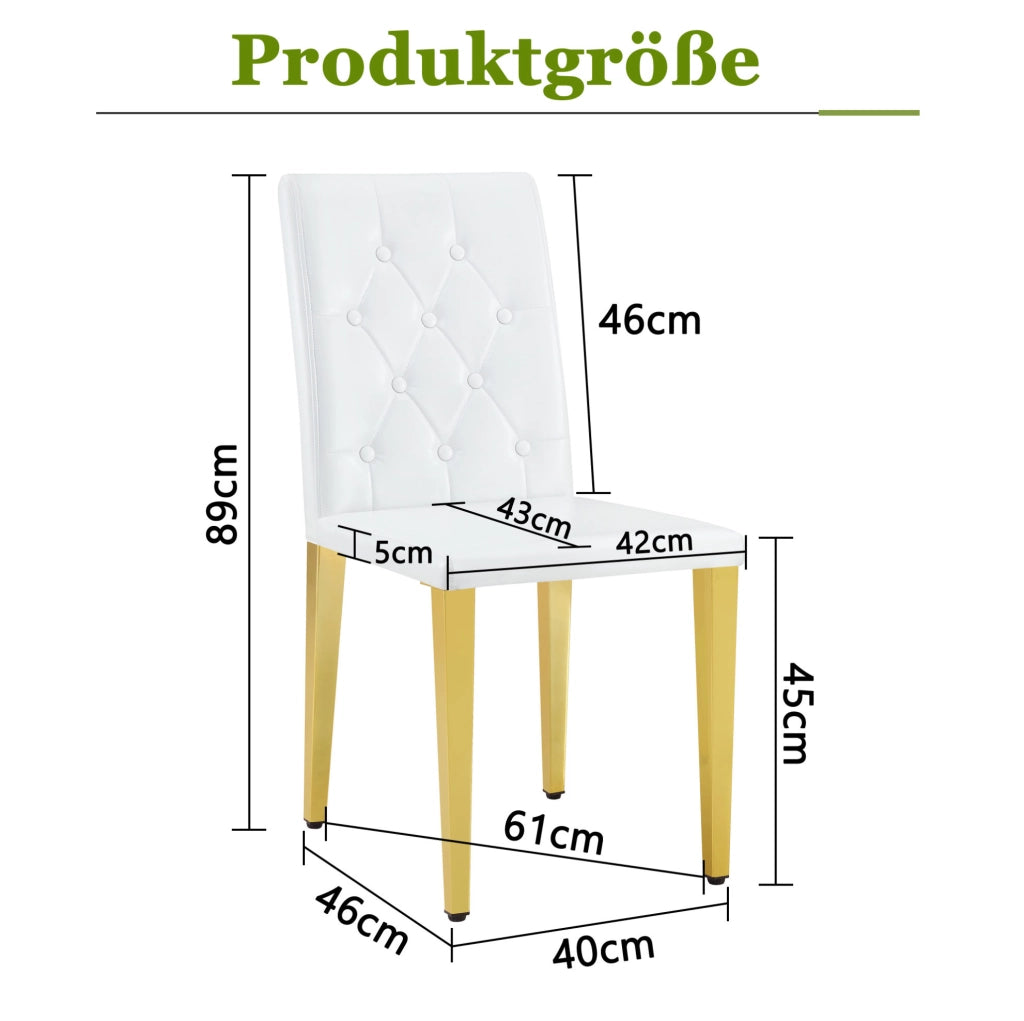 Set di 4 sedie da pranzo in PU bianco con gambe in metallo dorato lucido; 89 cm