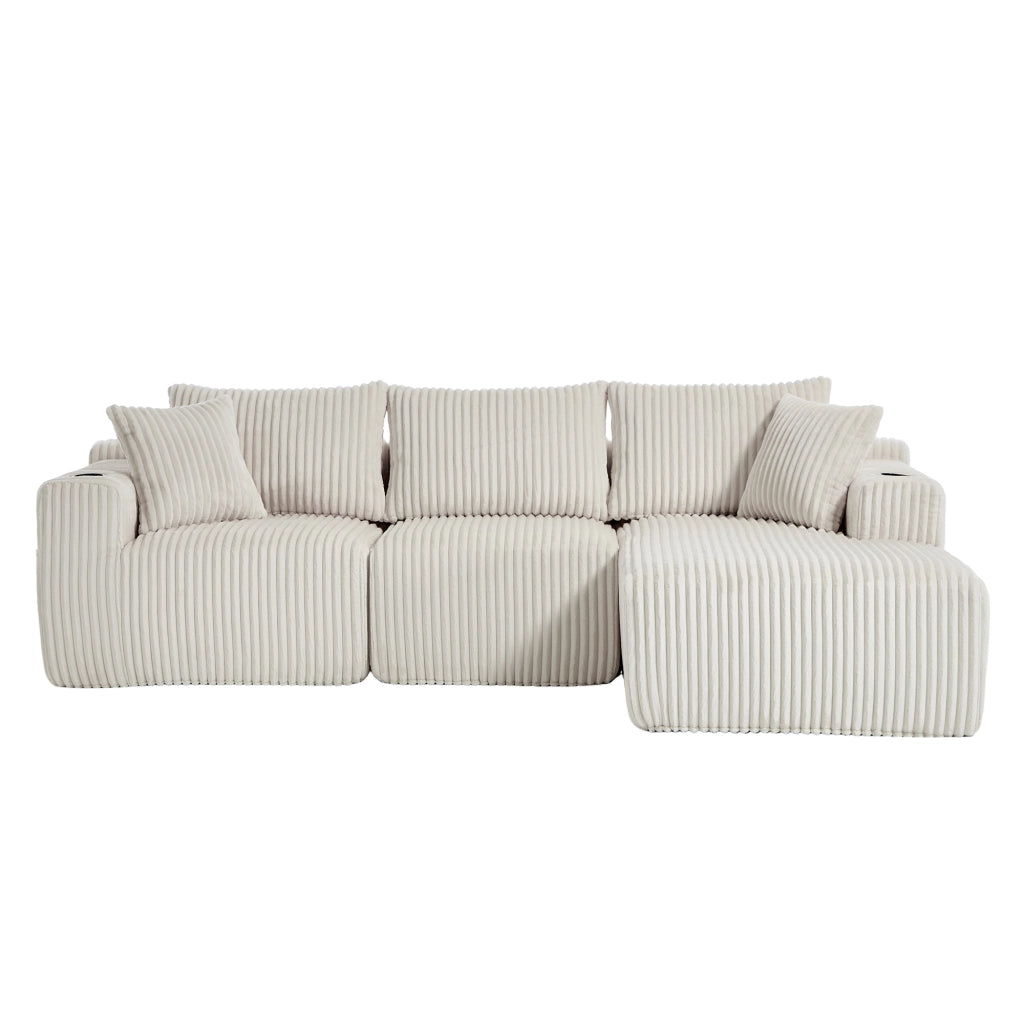Divano modulare con chaise longue e 2 posti in corduroy beige con 5 cuscini, tasche laterali e portabicchieri
