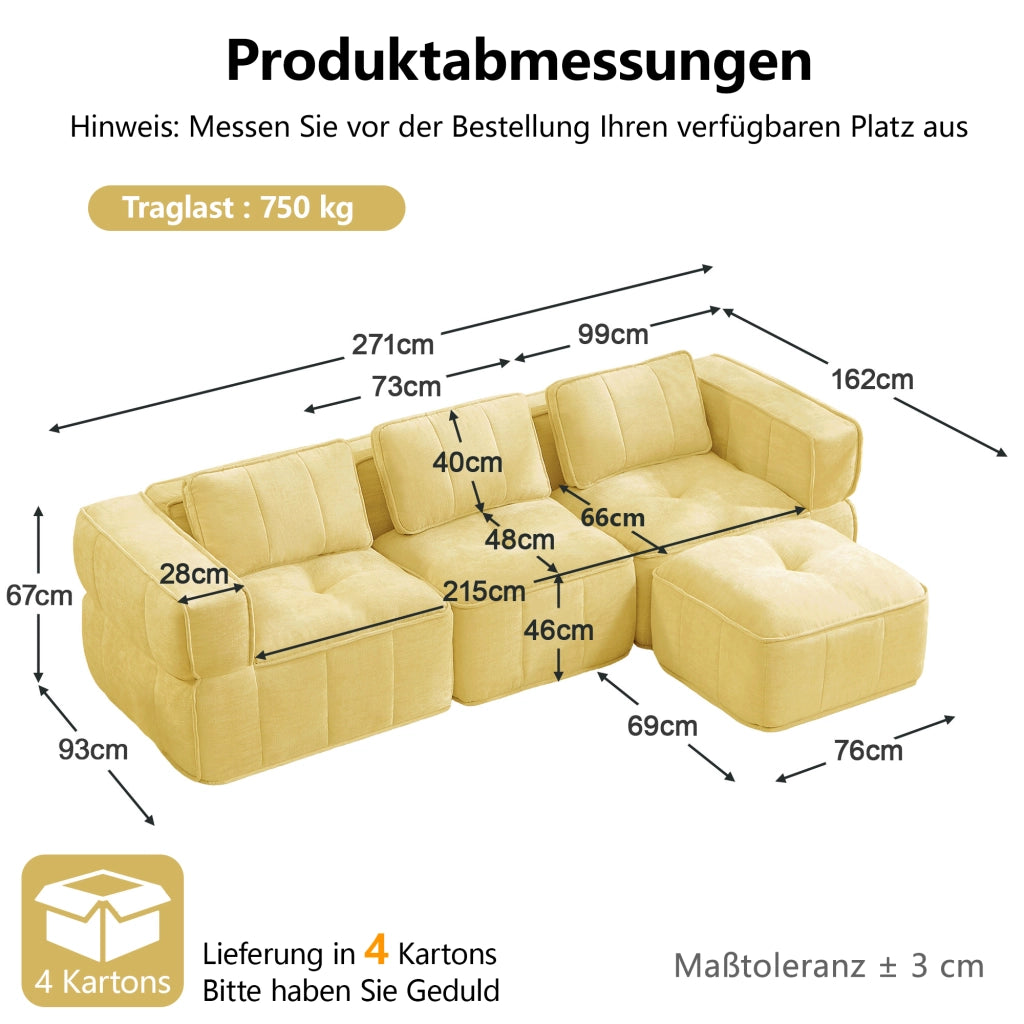 Divano modulare senza struttura con pouf, tessuto in poliestere giallo, 3 posti, seduta profonda 271 × 162 × 67 cm