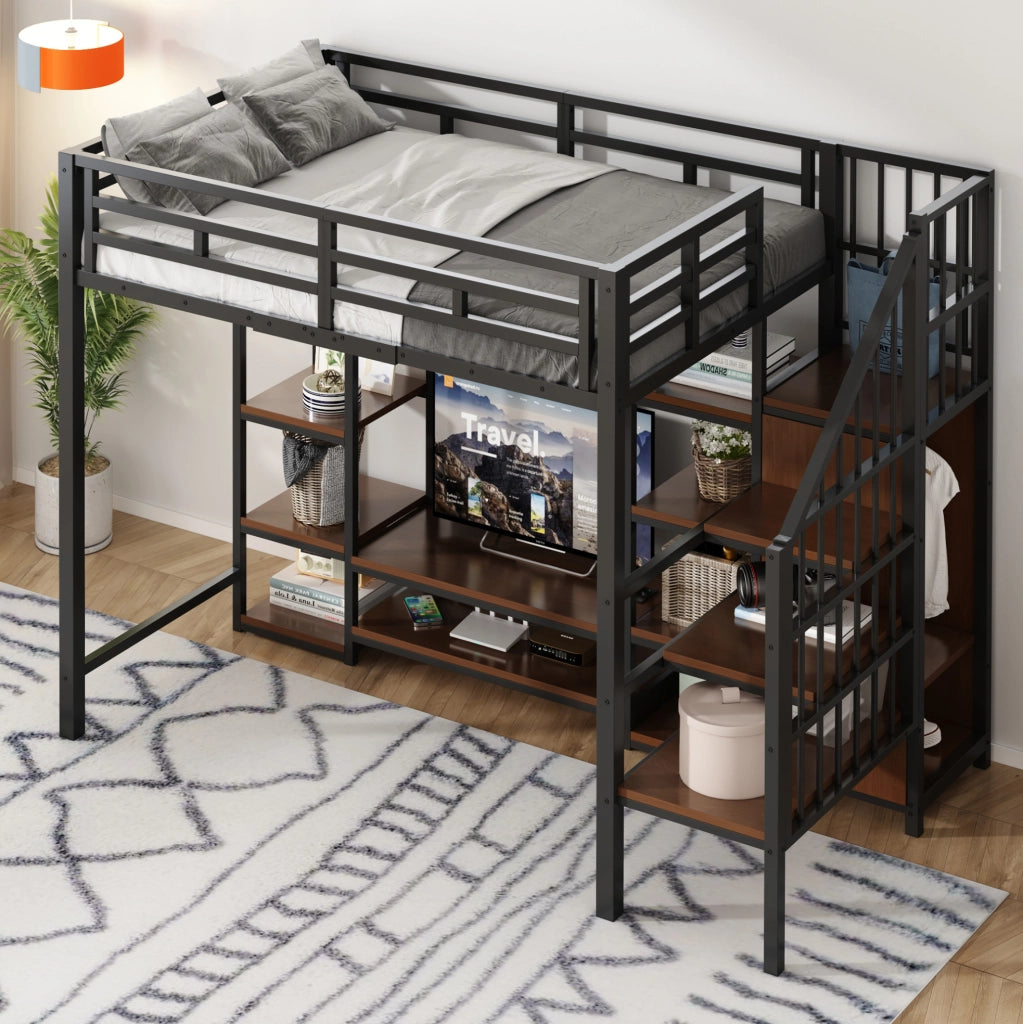 Letto a soppalco 90x200 cm con supporto TV; presa integrata e scala portaoggetti; nero