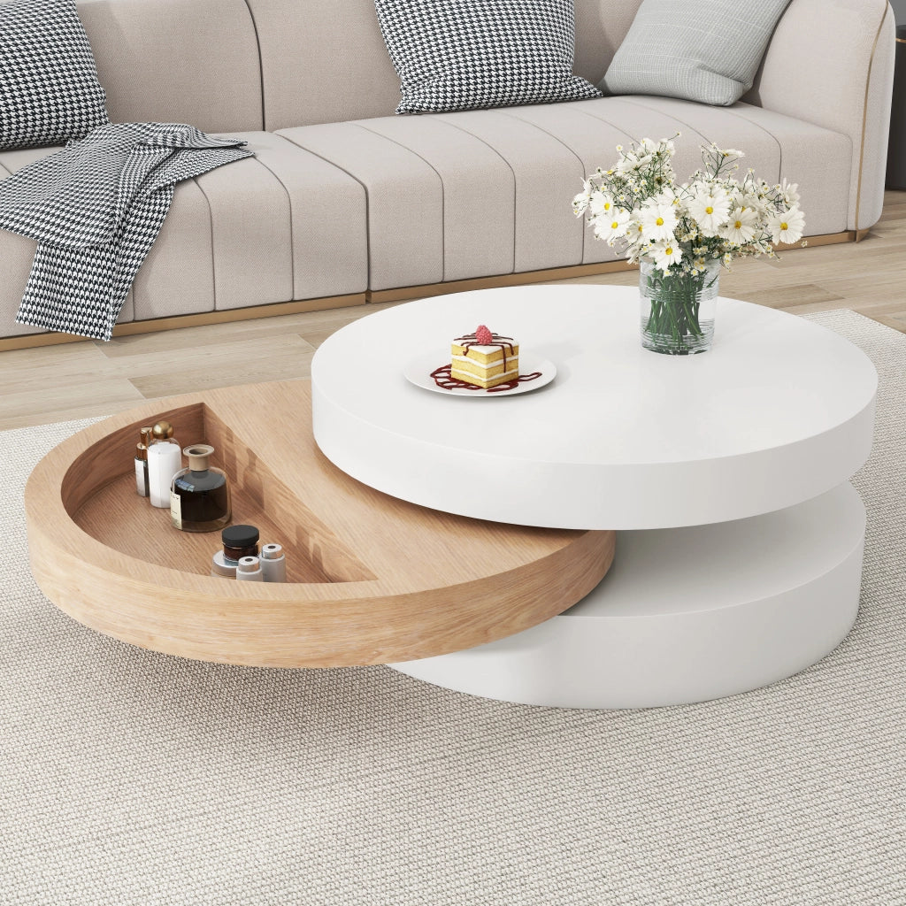Tavolino da Salotto Girevole a 360 Gradi Bianco e Legno 60x60 cm