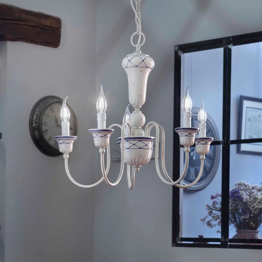 Lampadario Classico Sanremo Metallo E Ceramica Bianco Filo Blu 5 Luci E14