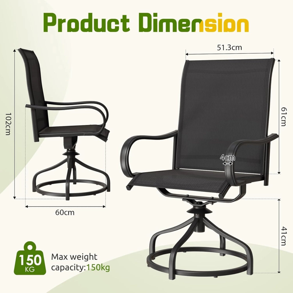 Set di 4 sedie da giardino girevoli a 360°, in metallo, resistenti alle intemperie, antiruggine, da balcone con schienale alto, portata fino a 150 kg, per terrazze, giardino, balcone, bistrot