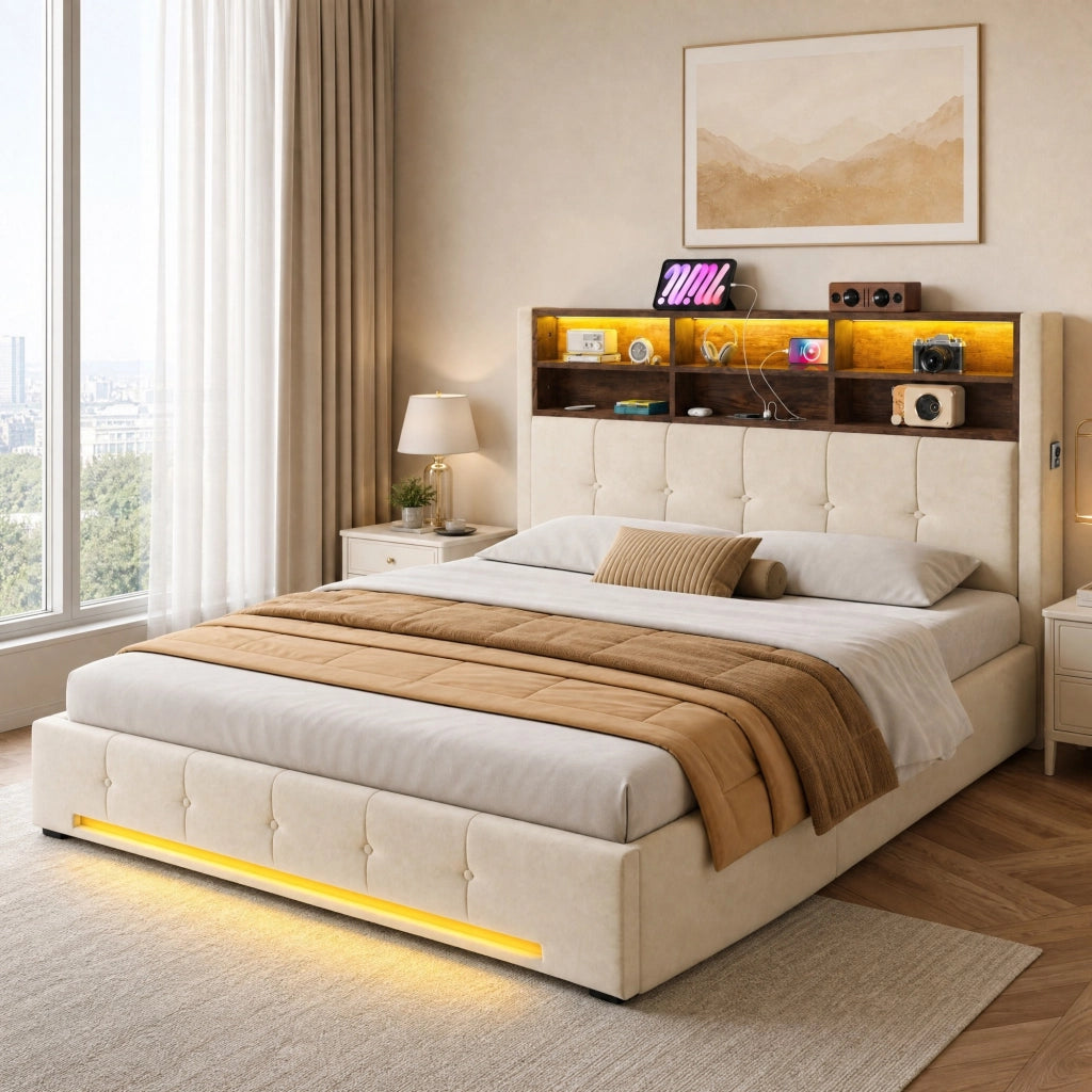 LETTO Contenitore 160x200 cm in velluto beige con LED e USB-C