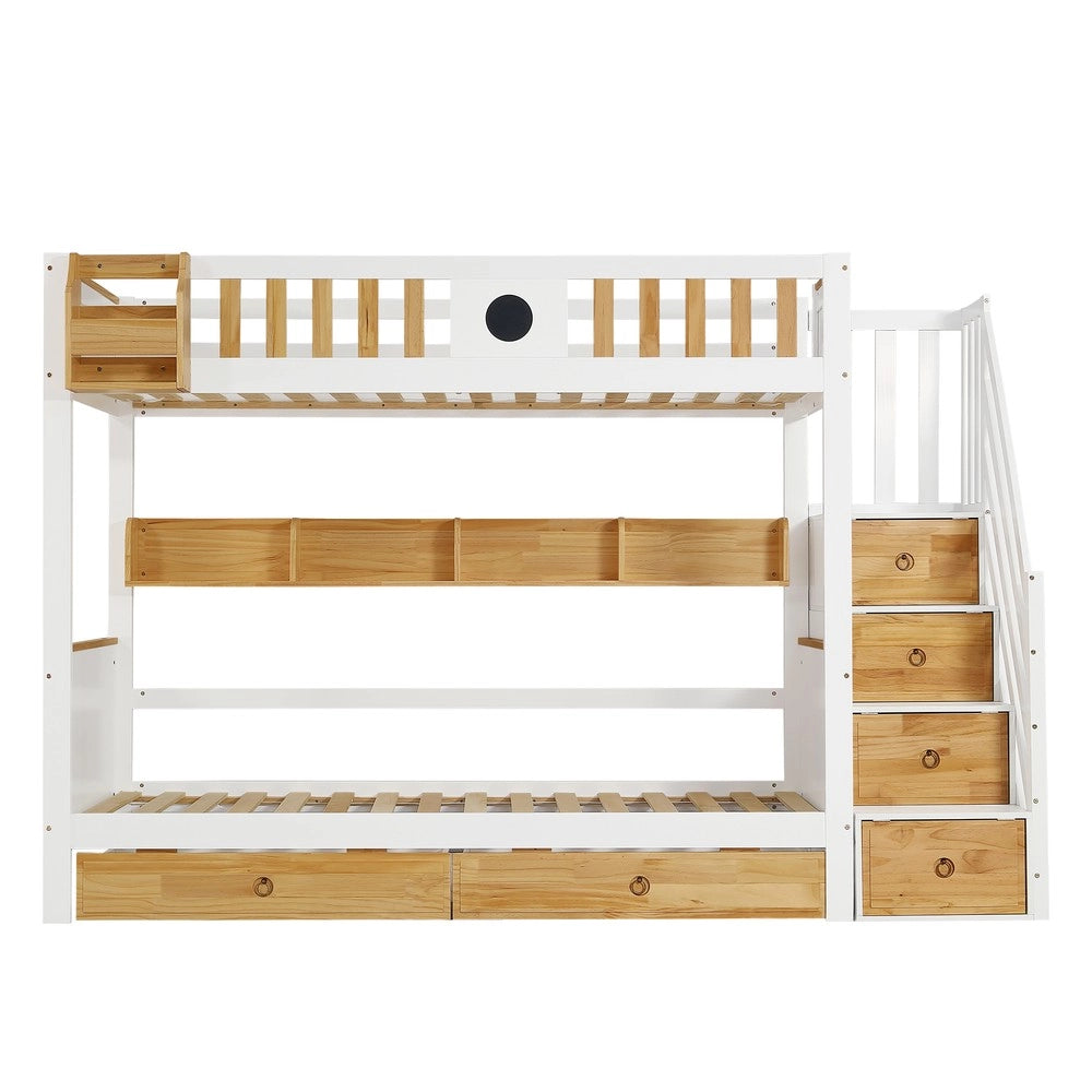 Letto a Castello con Cassetti e Ripiani ¨C MINIMAL ¨C Pino e MDF, Bianco/Naturale, 90x200