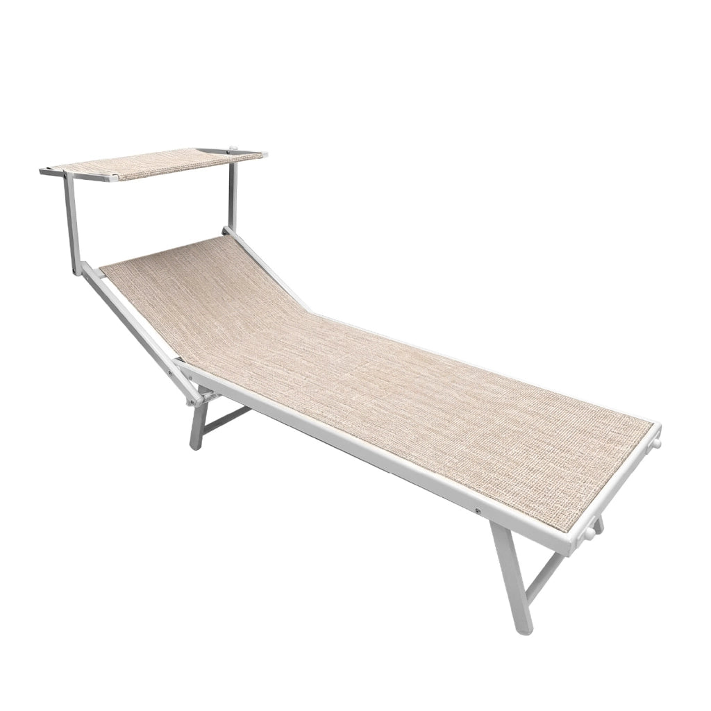 Lettino Prendisole Professionale Pieghevole e Impilabile con Parasole Regolabile, Schienale Reclinabile 2 Posizioni, Struttura in Alluminio, Tessuto Impermeabile UV Resistente, Portata 110 Kg Beige