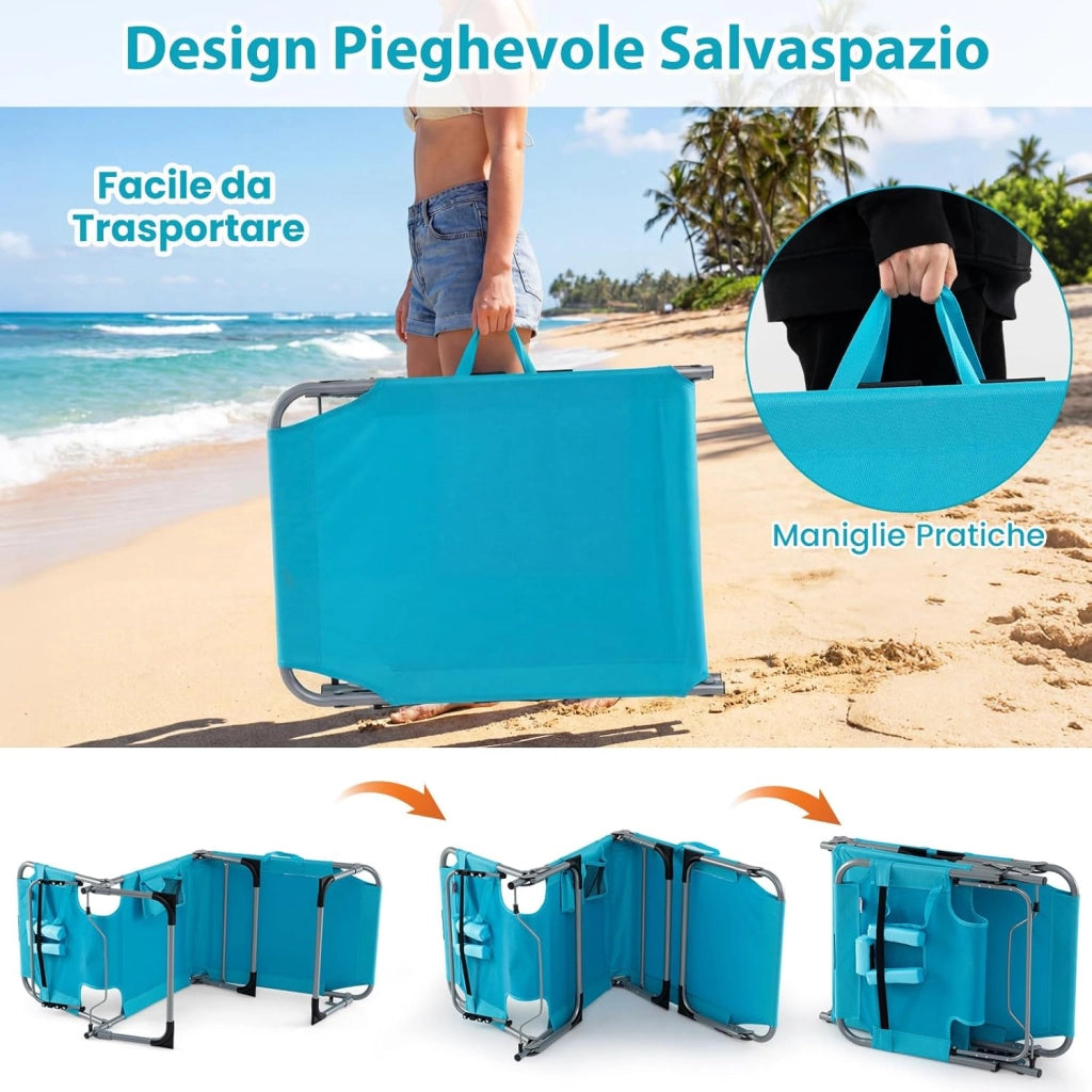 Lettino Prendisole da Spiaggia, Sdraio Mare Pieghevole Portatile con Foro per Viso e Braccia, Cuscino e Tasche Laterali, Schienale Regolabile 4 Posizioni, Portata 150 kg (Turchese)