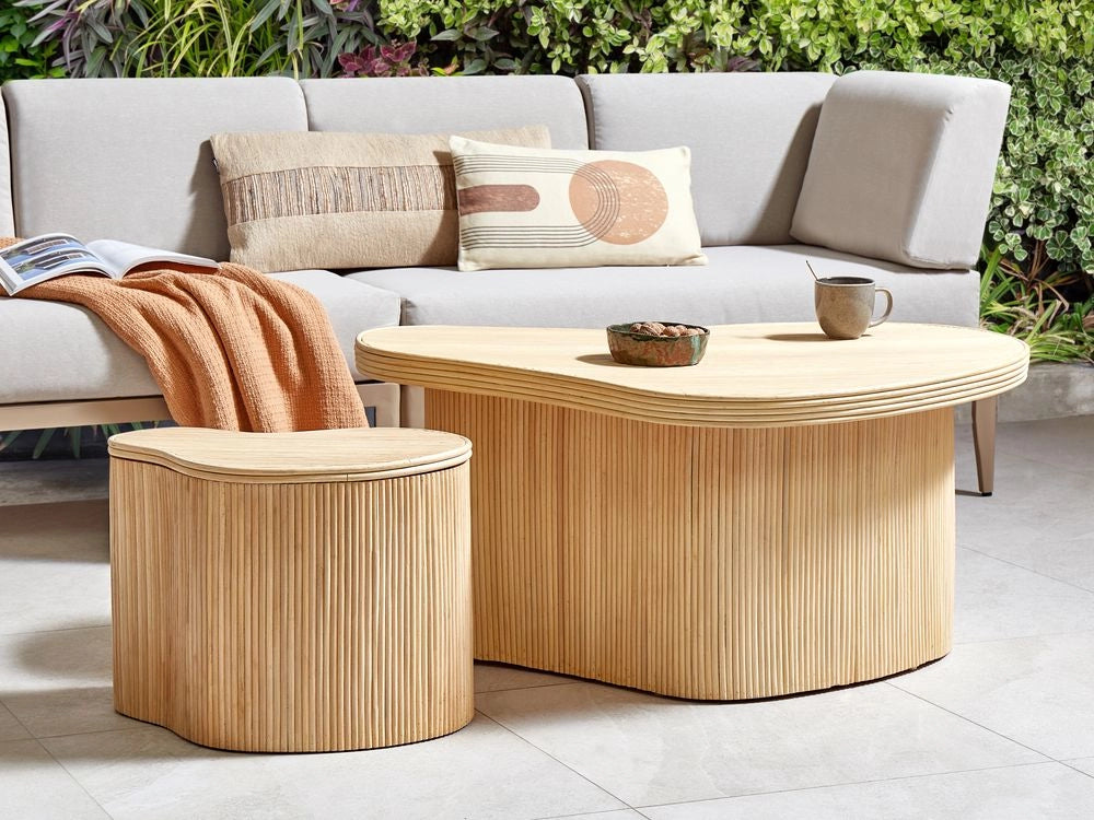 Set di 2 tavolini portaoggetti in rattan naturale con piano d'appoggio in stile Boho