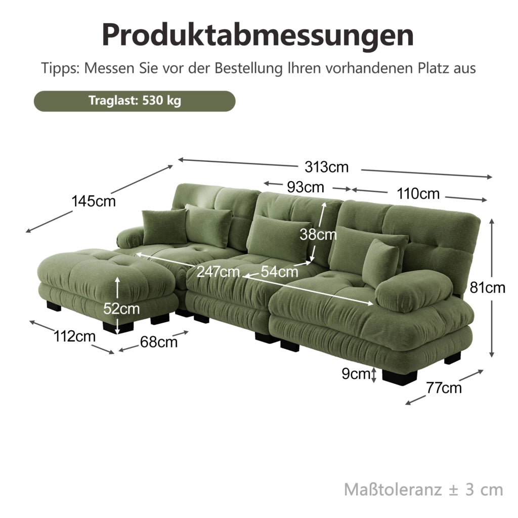 Divano modulare angolare in chenille verde con ottomani mobili