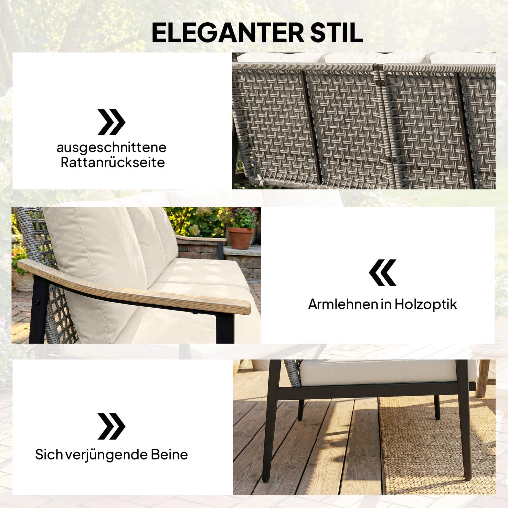 Divano da giardino 3 posti in polyrattan con cuscini rimovibili e braccioli in legno ¨C zephmum ¨C grigio chiaro