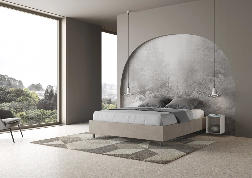 Letto Matrimoniale 160x210 cm con Rete e Contenitore Giroletto con Alzata Comoda Imbottito in Microfibra Azelia Sabbia