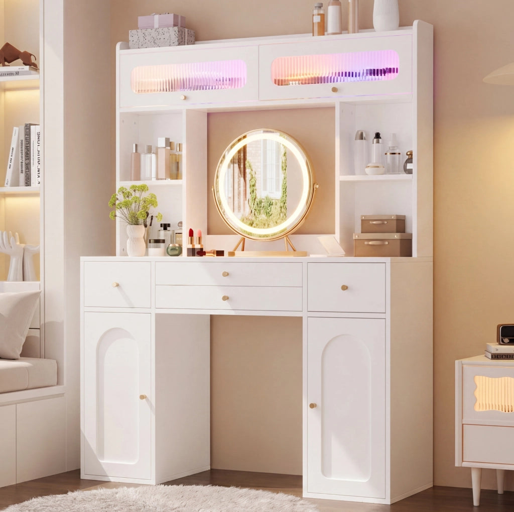 Toeletta con specchio LED e vani portaoggetti, bianca, 120×40×160 cm